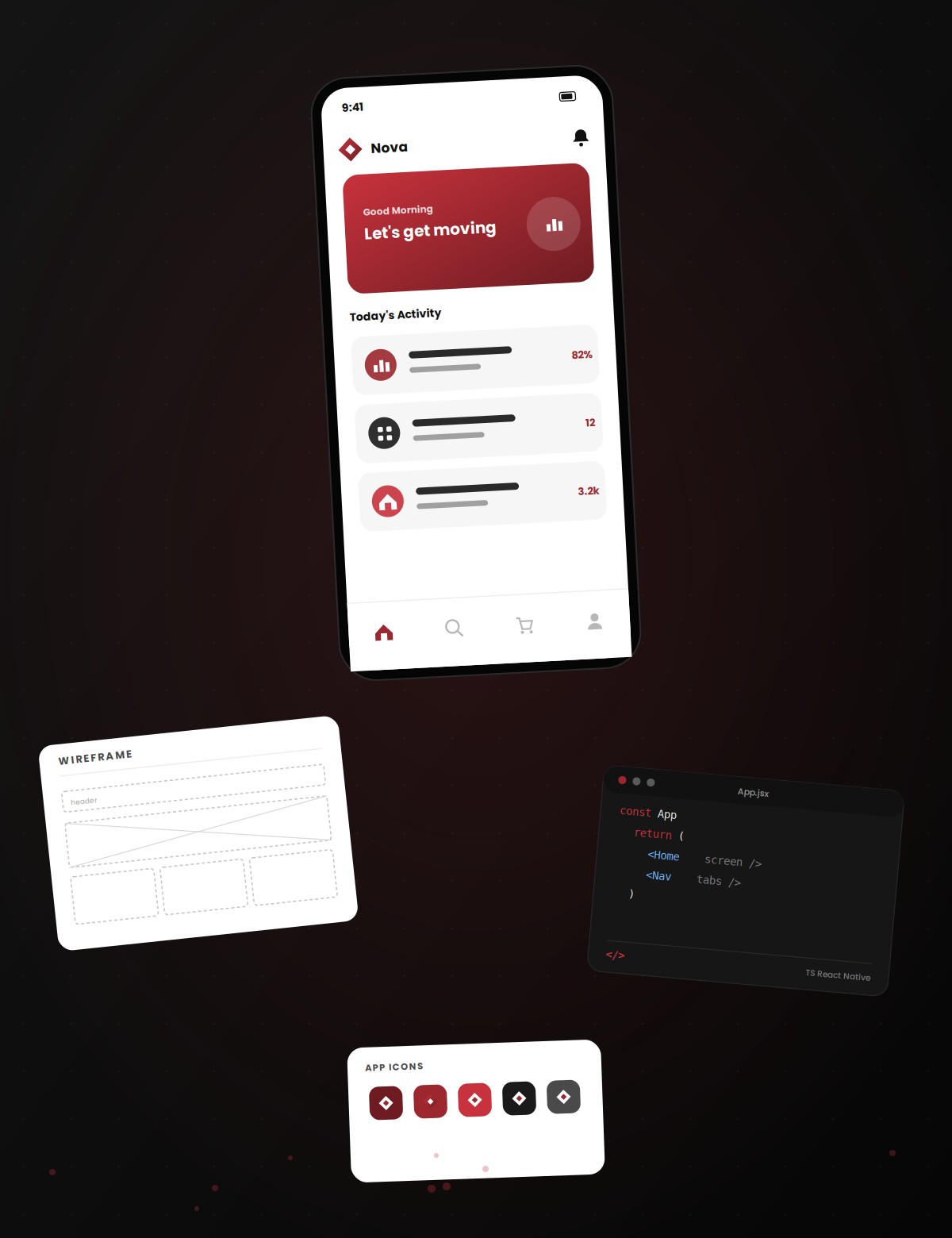 App design flatlay: mobile UI screen, wireframe, code and app icons by MAM-mon Technologies